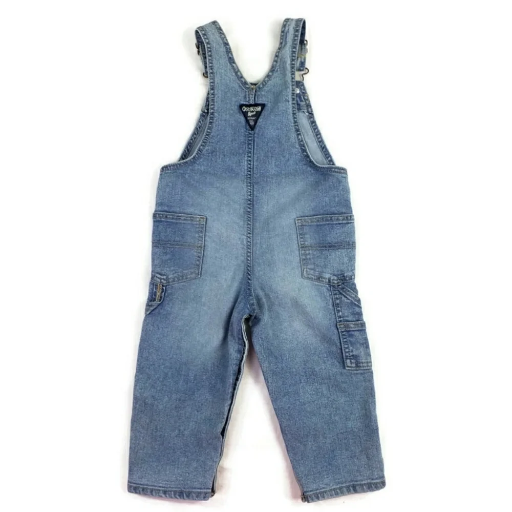 OshKosh B'Gosh Light-Medium Wash Adjustable Snap Crotch Bib Overalls Boys 24M